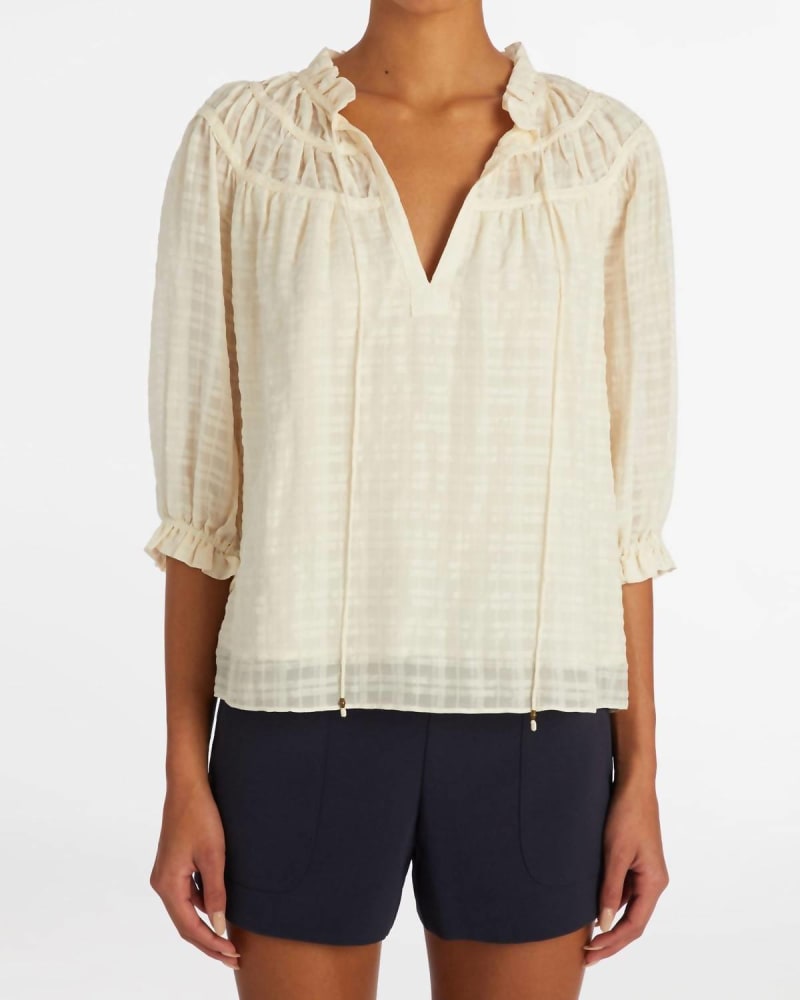 Front of a model wearing a size Large Finley Top in Whitecap in Whitecap by Marie Oliver. | dia_product_style_image_id:333522